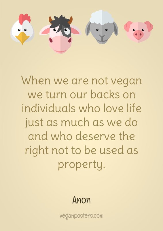 When we are not vegan we turn our backs on individuals who love life just as much as we do and who deserve the right not to be used as property.