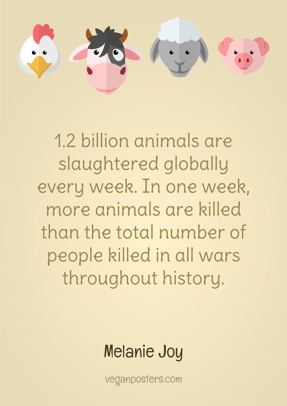 1.2 billion animals are slaughtered globally every week. In one week, more animals are killed than the total number of people killed in all wars throughout history.