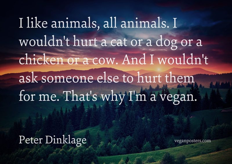 I like animals, all animals. I wouldn't hurt a cat or a dog or a chicken or a cow. And I wouldn't ask someone else to hurt them for me. That's why I'm a vegan.