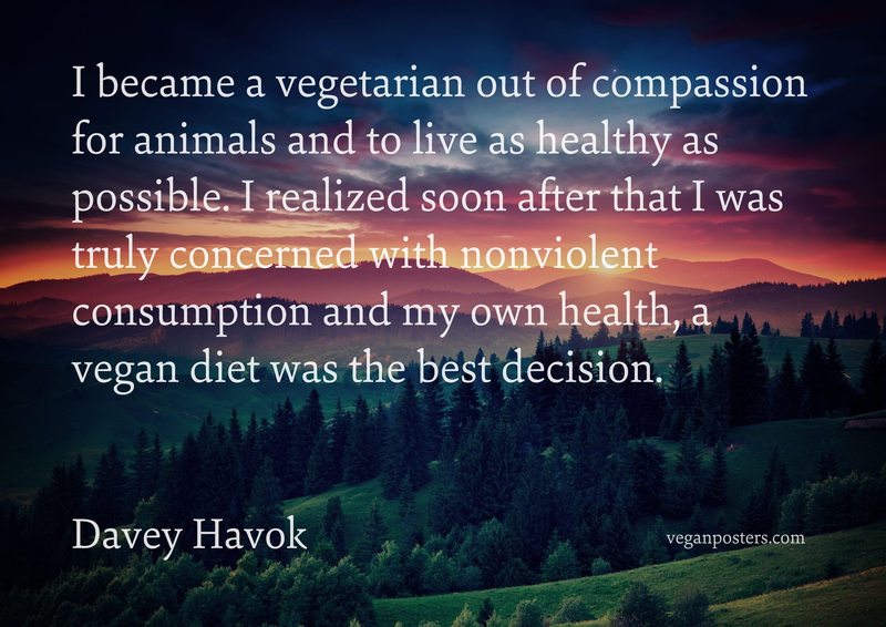 I became a vegetarian out of compassion for animals and to live as healthy as possible. I realized soon after that I was truly concerned with nonviolent consumption and my own health, a vegan diet was the best decision.