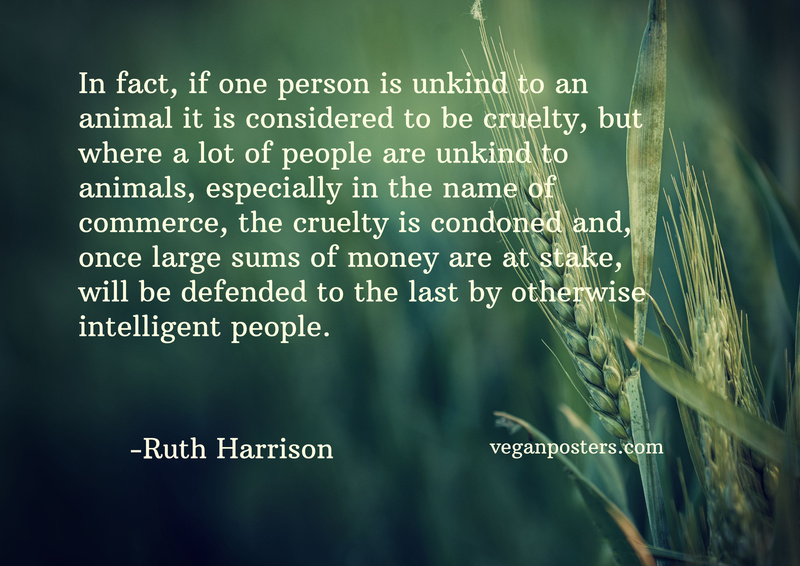 In fact, if one person is unkind to an animal it is considered to be cruelty, but where a lot of people are unkind to animals, especially in the name of commerce, the cruelty is condoned and, once large sums of money are at stake, will be defended to the last by otherwise intelligent people.