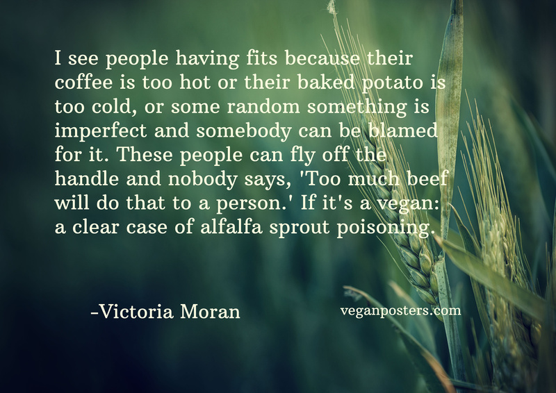 I see people having fits because their coffee is too hot or their baked potato is too cold, or some random something is imperfect and somebody can be blamed for it. These people can fly off the handle and nobody says, 'Too much beef will do that to a person.' If it's a vegan: a clear case of alfalfa sprout poisoning.
