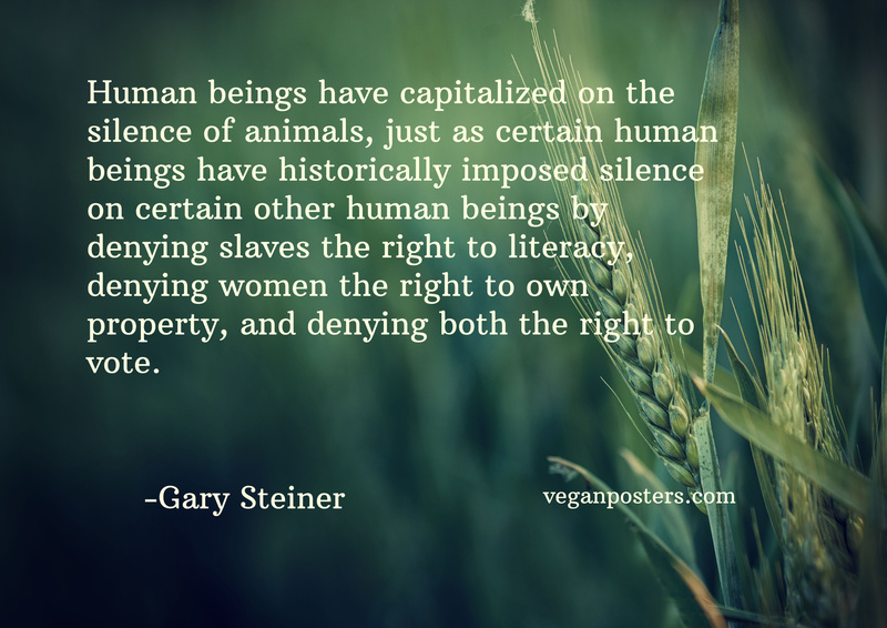 Human beings have capitalized on the silence of animals, just as certain human beings have historically imposed silence on certain other human beings by denying slaves the right to literacy, denying women the right to own property, and denying both the right to vote.