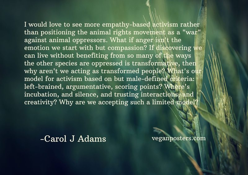 I would love to see more empathy-based activism rather than positioning the animal rights movement as a "war" against animal oppressors. What if anger isn't the emotion we start with but compassion? If discovering we can live without benefiting from so many of the ways the other species are oppressed is transformative, then why aren't we acting as transformed people? What's our model for activism based on but male-defined criteria: left-brained, argumentative, scoring points? Where's incubation, and silence, and trusting interactions, and creativity? Why are we accepting such a limited model?