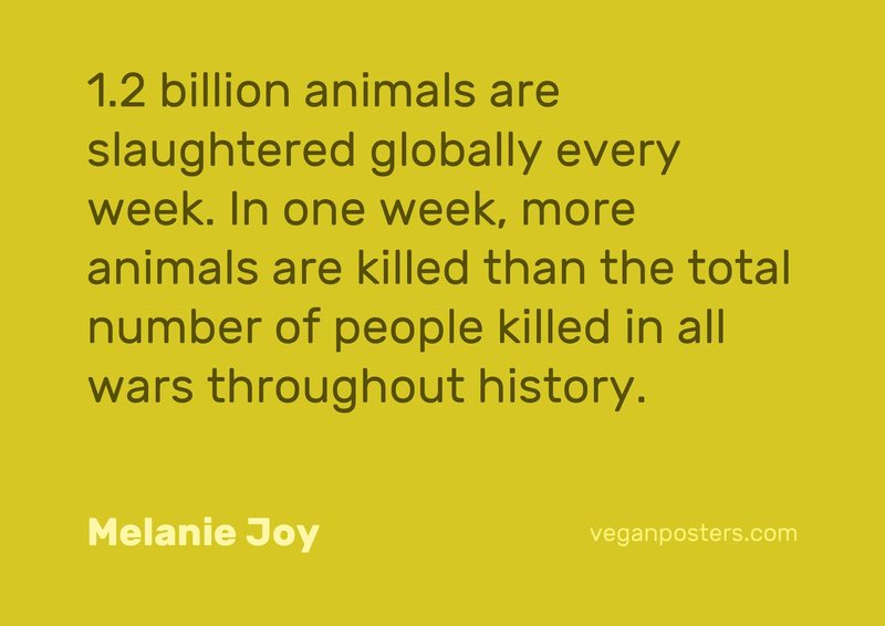 1.2 billion animals are slaughtered globally every week. In one week, more animals are killed than the total number of people killed in all wars throughout history.