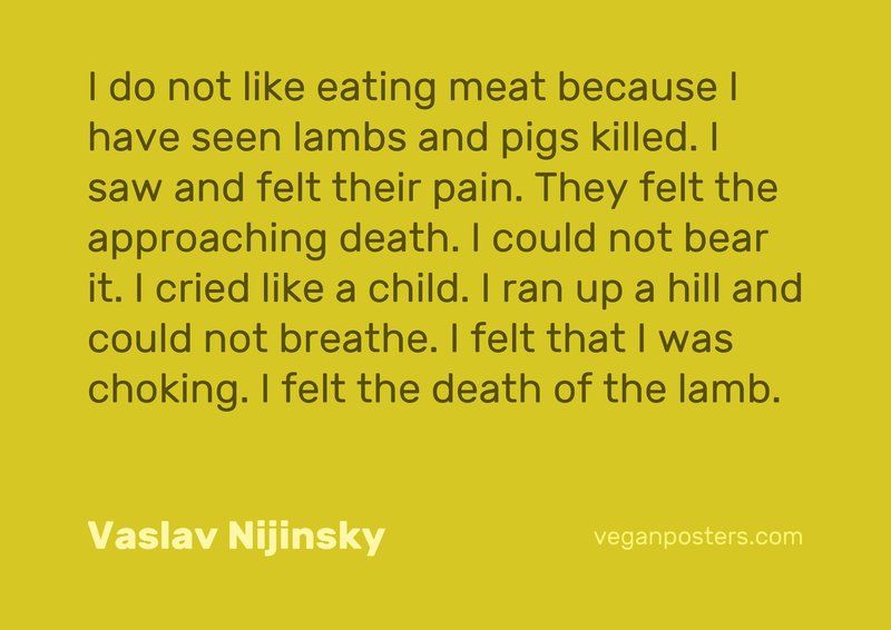 I do not like eating meat because I have seen lambs and pigs killed. I saw and felt their pain. They felt the approaching death. I could not bear it. I cried like a child. I ran up a hill and could not breathe. I felt that I was choking. I felt the death of the lamb.