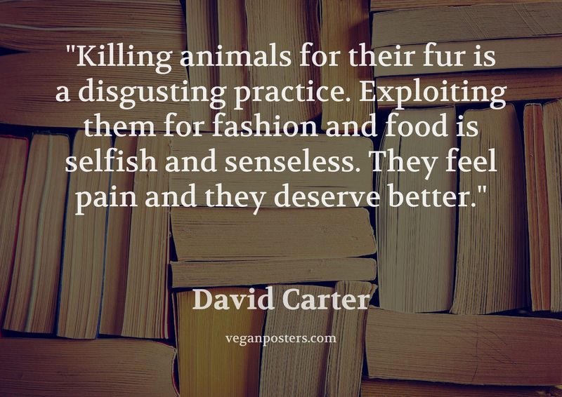 Killing animals for their fur is a disgusting practice. Exploiting them for fashion and food is selfish and senseless. They feel pain and they deserve better.