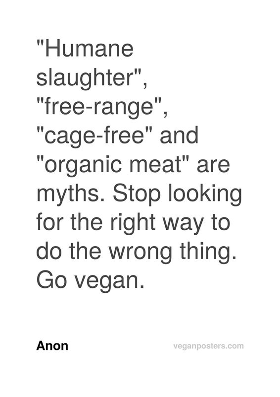 "Humane slaughter", "free-range", "cage-free" and "organic meat" are myths. Stop looking for the right way to do the wrong thing. Go vegan.