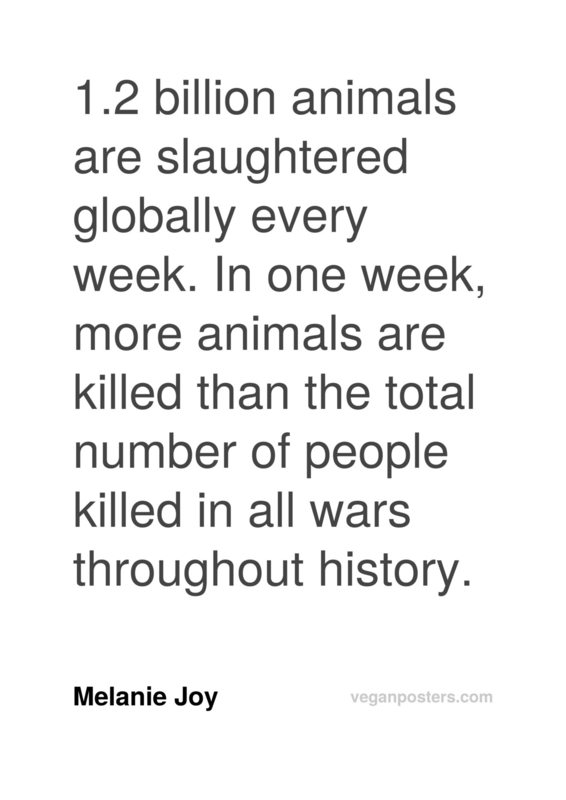 1.2 billion animals are slaughtered globally every week. In one week, more animals are killed than the total number of people killed in all wars throughout history.