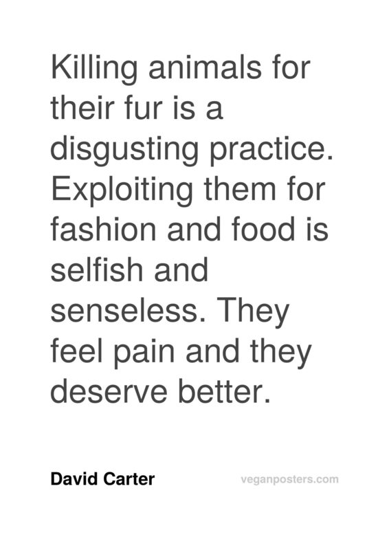 Killing animals for their fur is a disgusting practice. Exploiting them for fashion and food is selfish and senseless. They feel pain and they deserve better.