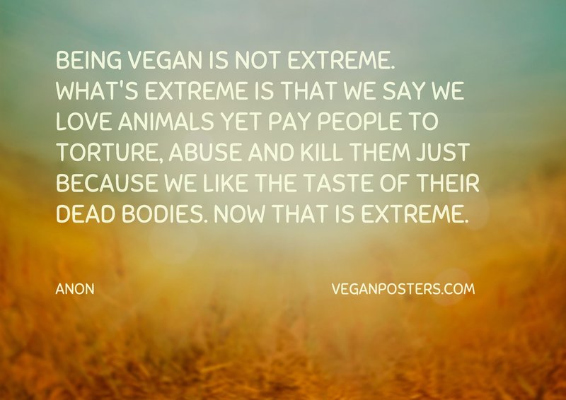 Being vegan is not extreme. What's extreme is that we say we love animals yet pay people to torture, abuse and kill them just because we like the taste of their dead bodies. Now that is extreme.