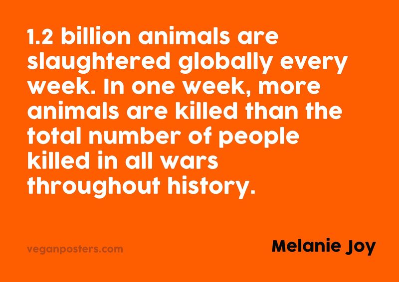 1.2 billion animals are slaughtered globally every week. In one week, more animals are killed than the total number of people killed in all wars throughout history.
