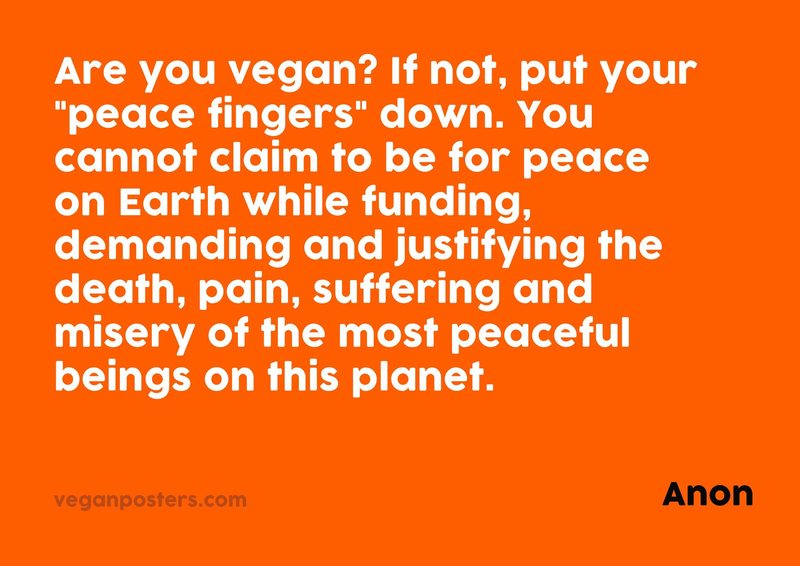 Are you vegan? If not, put your "peace fingers" down. You cannot claim to be for peace on Earth while funding, demanding and justifying the death, pain, suffering and misery of the most peaceful beings on this planet.