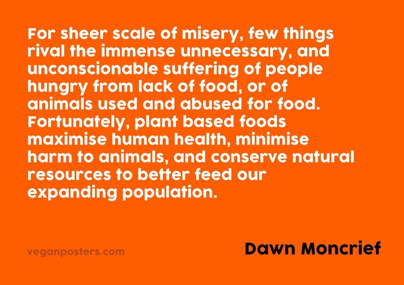 For sheer scale of misery, few things rival the immense unnecessary, and unconscionable suffering of people hungry from lack of food, or of animals used and abused for food. Fortunately, plant based foods maximise human health, minimise harm to animals, and conserve natural resources to better feed our expanding population.