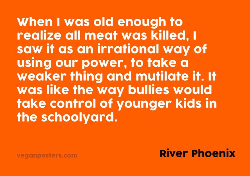 When I was old enough to realize all meat was killed, I saw it as an irrational way of using our power, to take a weaker thing and mutilate it. It was like the way bullies would take control of younger kids in the schoolyard.