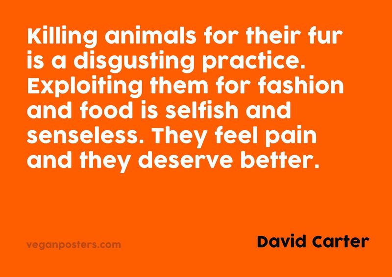 Killing animals for their fur is a disgusting practice. Exploiting them for fashion and food is selfish and senseless. They feel pain and they deserve better.