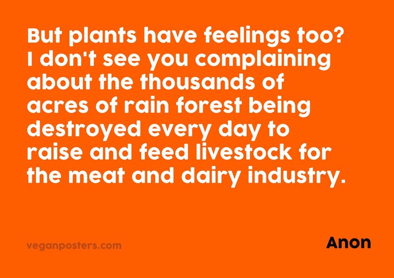 But plants have feelings too? I don't see you complaining about the thousands of acres of rain forest being destroyed every day to raise and feed livestock for the meat and dairy industry.