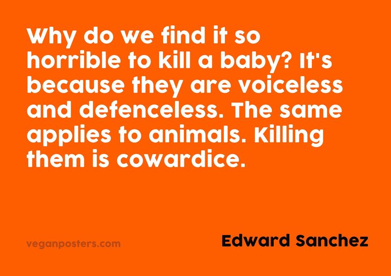 Why do we find it so horrible to kill a baby? It's because they are voiceless and defenceless. The same applies to animals. Killing them is cowardice.