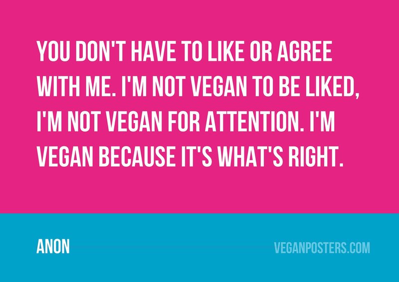 You don't have to like or agree with me. I'm not vegan to be liked, I'm not vegan for attention. I'm vegan because it's what's right.