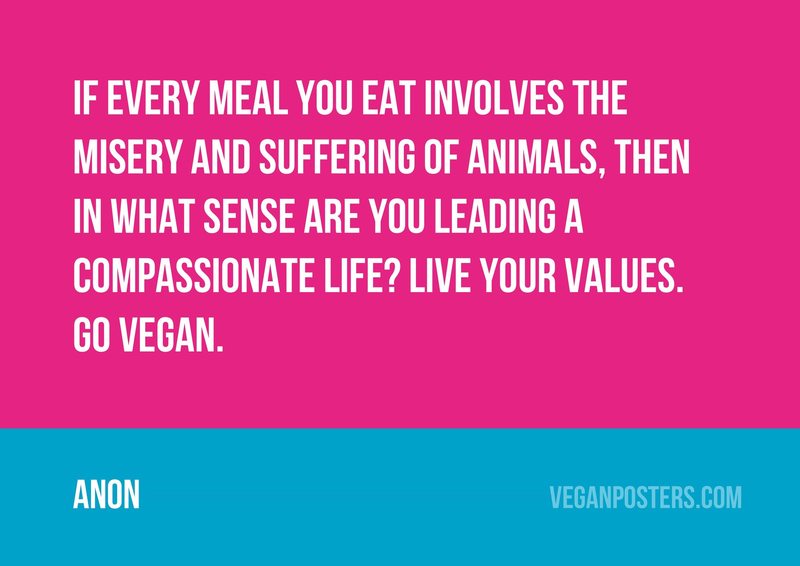 If every meal you eat involves the misery and suffering of animals, then in what sense are you leading a compassionate life? Live your values. Go vegan.