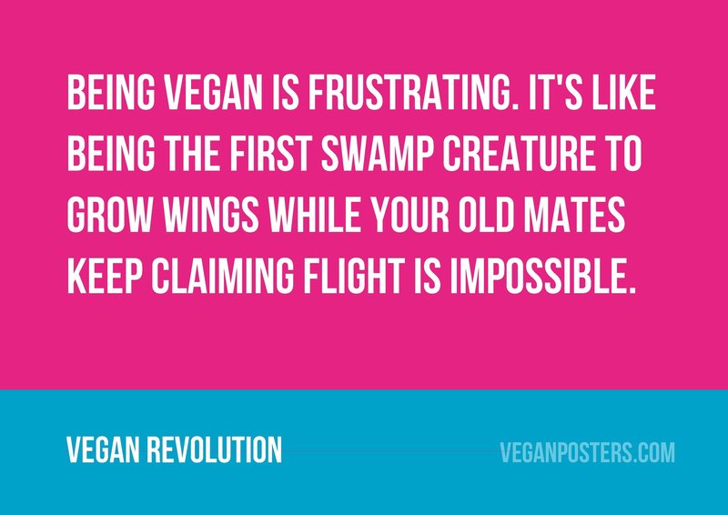Being vegan is frustrating. It's like being the first swamp creature to grow wings while your old mates keep claiming flight is impossible.