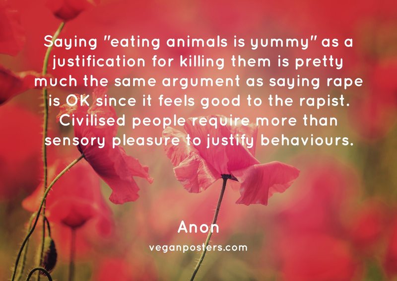 Saying "eating animals is yummy" as a justification for killing them is pretty much the same argument as saying rape is OK since it feels good to the rapist. Civilised people require more than sensory pleasure to justify behaviours.