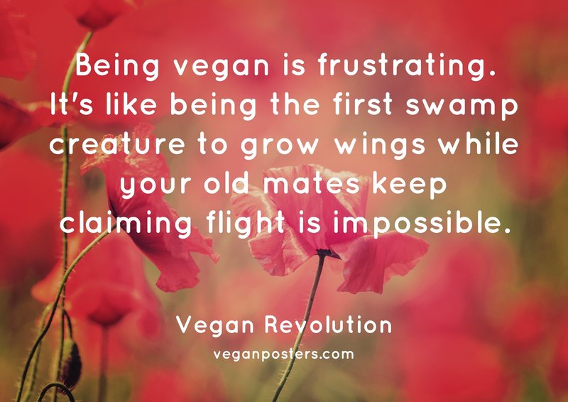 Being vegan is frustrating. It's like being the first swamp creature to grow wings while your old mates keep claiming flight is impossible.