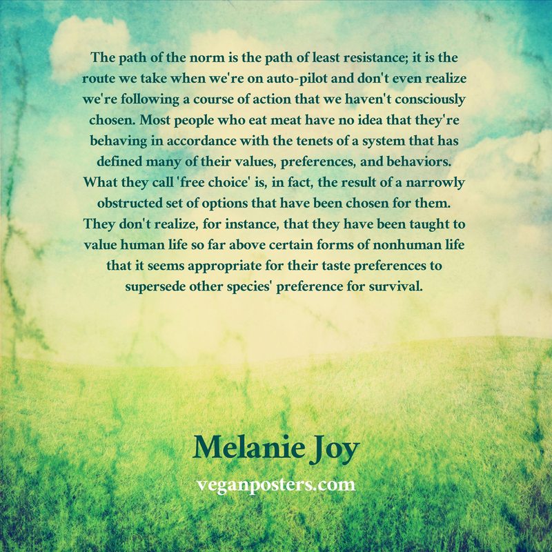 The path of the norm is the path of least resistance; it is the route we take when we're on auto-pilot and don't even realize we're following a course of action that we haven't consciously chosen. Most people who eat meat have no idea that they're behaving in accordance with the tenets of a system that has defined many of their values, preferences, and behaviors. What they call 'free choice' is, in fact, the result of a narrowly obstructed set of options that have been chosen for them. They don't realize, for instance, that they have been taught to value human life so far above certain forms of nonhuman life that it seems appropriate for their taste preferences to supersede other species' preference for survival.