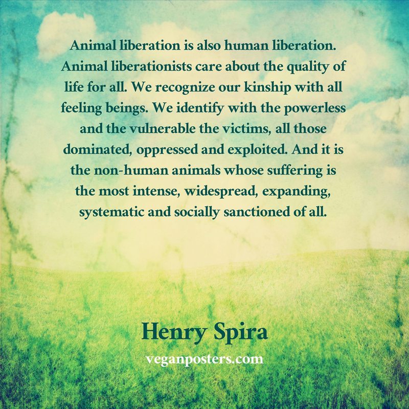 Animal liberation is also human liberation. Animal liberationists care about the quality of life for all. We recognize our kinship with all feeling beings. We identify with the powerless and the vulnerable the victims, all those dominated, oppressed and exploited. And it is the non-human animals whose suffering is the most intense, widespread, expanding, systematic and socially sanctioned of all.