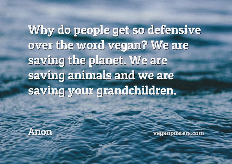 Why do people get so defensive over the word vegan? We are saving the planet. We are saving animals and we are saving your grandchildren.