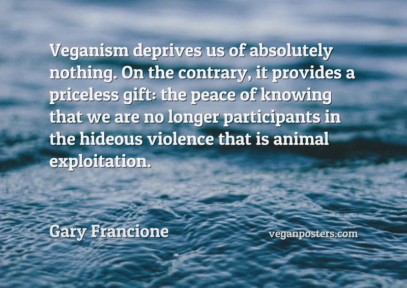 Veganism deprives us of absolutely nothing. On the contrary, it provides a priceless gift: the peace of knowing that we are no longer participants in the hideous violence that is animal exploitation.